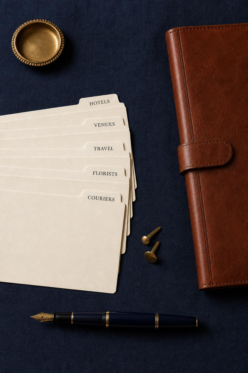Tabbed reference cards — Hotels, Venues, Travel, Florists, Couriers — a private collection of trusted intelligence